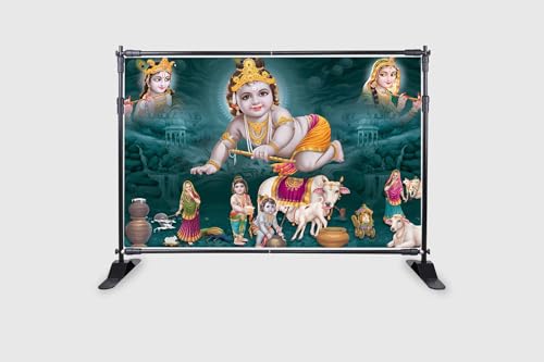 Image of Bal Krishna with Matuki and Cows Design Backdrop Curtain for Decoration for Pooja Especially for Krishna Janmashtami Traditional Festival Size-5 Feet Height and 8 Feet Width(5 * 8)