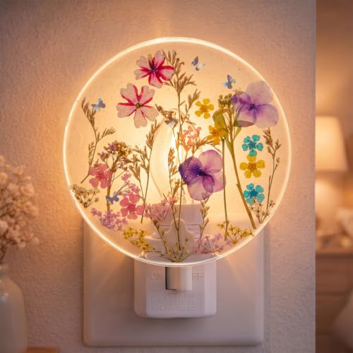 Image of Glooglitter Pressed Flower Night Light Plug in-Handmade Dried Floral Wall Night Light, Glow Decorative Nightlight for Hallway Bedroom Nursery Bathroom, Vintage Botanical (Purple, Wildflowers)