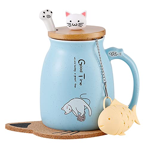 BigNoseDeer Taza de café de cerámica con bonita tapa de gatito, cuchara de pata de gato, posavasos...
