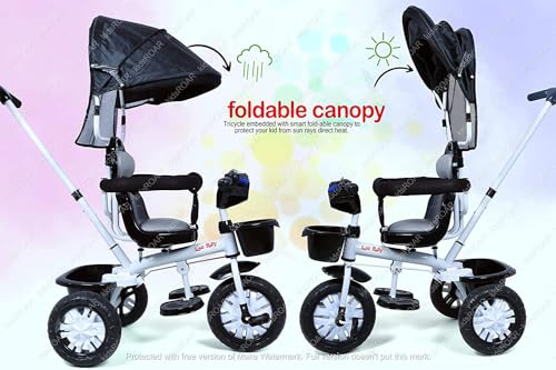 Image of kidsROAR Stroller Tricycle For Kids For 1 Year+ | 2 Year+ Baby Cycle With Rotational Leather Seat | Light Music | Removable Canopy | Push Handle | 4 In 1 Baby Cycle For 1 Year Kids (573R), Black