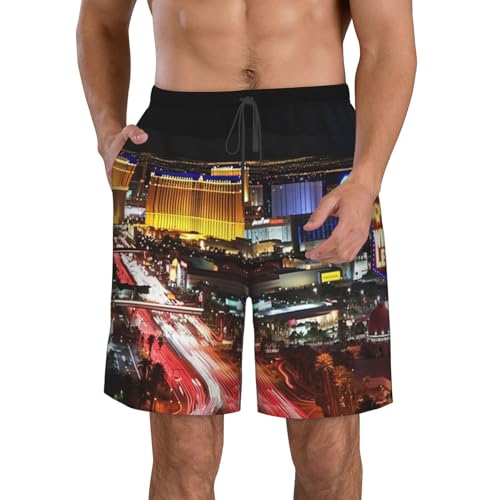 Las Vegas Night City Men's Swim Trunks Quick Dry Board Shorts with Pockets Casual Drawstring Beach Shorts