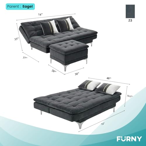 Image of Sparrow 3 Seater Fabric Click-Clack Sofa Cum Bed with Ottoman (Dark Gray) | Premium Soft Velvet | Plush Comfort Cushions | Modern Living Room Sofa | Spacious Comfortable Seating