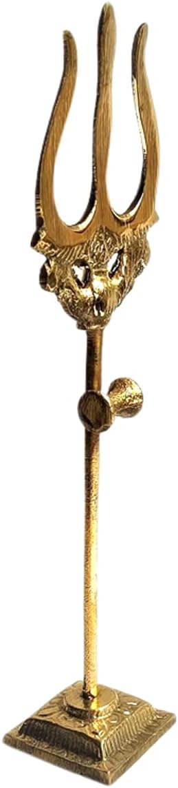 Brass Trishul, Trident Damru with Stand Brass Statue for Car Dashboard/Temple, Puja Ghar