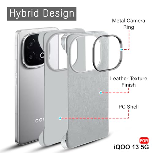 Image of TheGiftKart Hybrid Ultimate Slim Back Case Cover for iQOO 13 5G | Lightweight Profile | Hard Back Case Cover for iQOO 13 5G (PC & TPU, Metal Camera Ring, Leather Texture Finish, Grey)