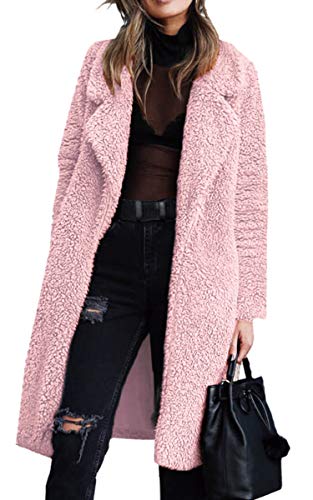 Angashion Women's Fuzzy Fleece Lapel Open Front Long Cardigan Coat Faux Fur Warm Winter Outwear Jackets Pink S