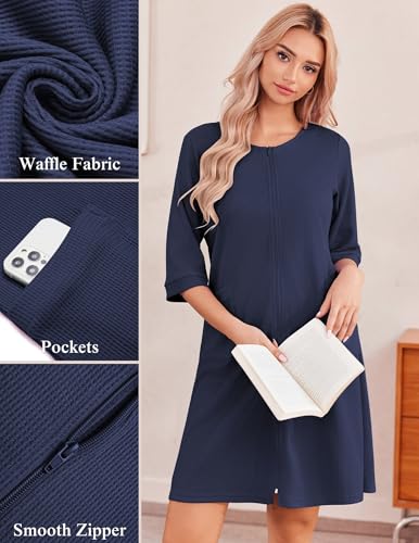 Image of Ekouaer Zip Up Robes for Women Short Waffle Bathrobe Lightweight house coat 3 /4 Sleeve Soft Nightgown with Pockets S-3XL