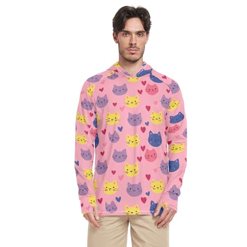Wudan Valentine's Cartoon Hearts Cat Pink Mens Hoodies Shirts Long Sleeve Hiking Hoodie Swim Shirt UPF 50+ S