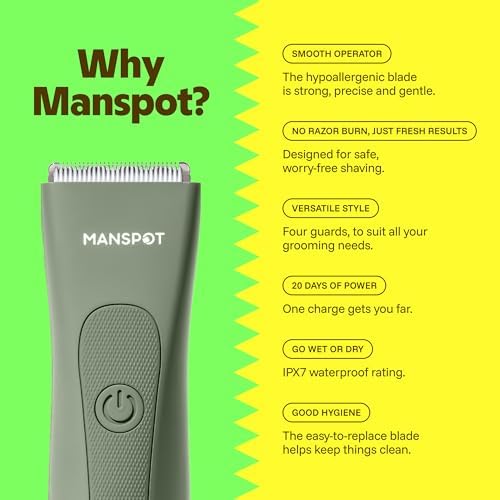 MANSPOT Manscape Groin & Body Hair Trimmer for Men, Electric Ball Pubic Trimmer Shaver,Manscape Kit with 4 Guard,Replaceable Ceramic Blade Heads,Waterproof Wet/Dry Shaver,90 Minutes Shaving (Green) 1