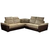 Selsey KORAJ - Ecksofa/Schlafsofa Strukturstoff-Kunstleder-Bezug, Bettkasten, Kopfteilverstellung, 268 cm (Strukturstoff Beige/Kunstleder Braun)