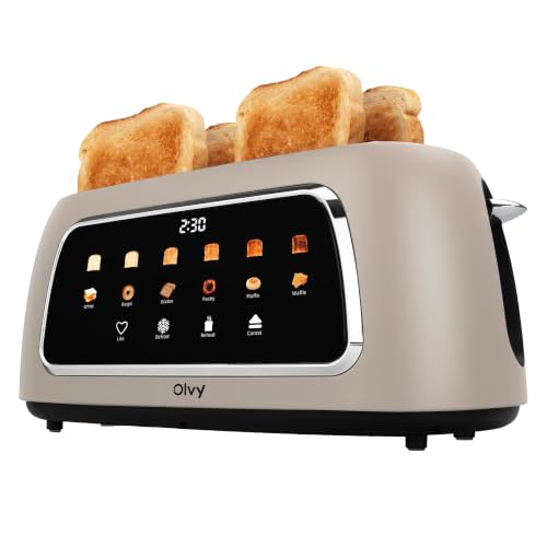 Olvy Grille-pain de luxe avec écran LCD et minuterie – Fentes extra larges (Décongeler/Réchauffer) – 6 niveaux de dorage – Beige – 1500 watts