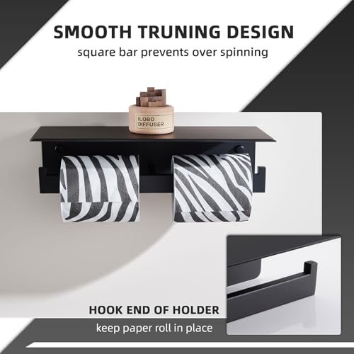 Image of Angle Simple Matte Black Toilet Paper Holder with Shelf, Tissue Roll Holder