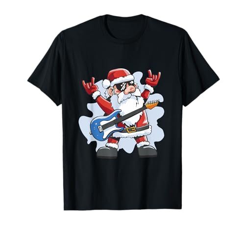 Rock Santa Guitarra Navidad Música Santa Claus Guitarra Rock On Camiseta