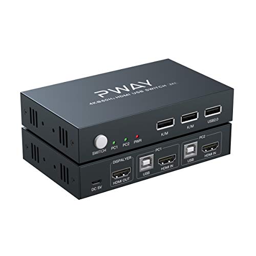 PWAY HDMI KVM Switch 2 Puertos, Compatible con USB 2.0 4K @ 60 Hz, con Cables USB y HDMI, Compatible con Teclado y Mouse inalámbricos Cámara USB, Discos Duros e impresoras