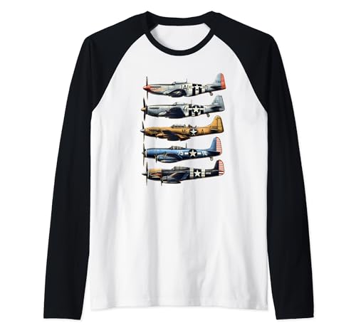 Aviones de la Segunda Guerra Mundial P51 Mustang F4U Corsair B17 P47 Thunderbolt Camiseta Manga Raglan