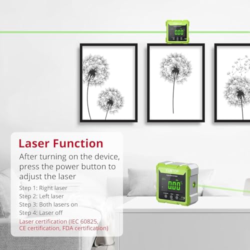 Image of XUNTOP 4x90 Digital Angle Finder with Green Laser(Class 2, <1mW Output) 4 Sided Strong Magnetic Digital Angle Gauge Rechargeable IP54 Waterproof Level Box with VA Display for Woodworking Construction