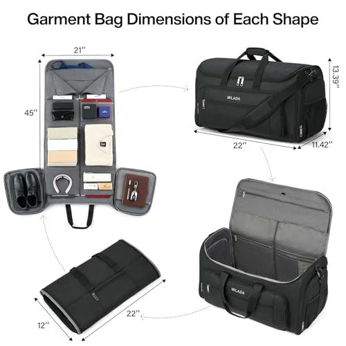 MILADA Convertible 2-in-1 Garment Duffel Weekender Bag Carry On Garment Bags for Travel Hanging Clothes Suit Bag Foldable Personal Item Business Overnight Bag with Shoe Compartment, Black2