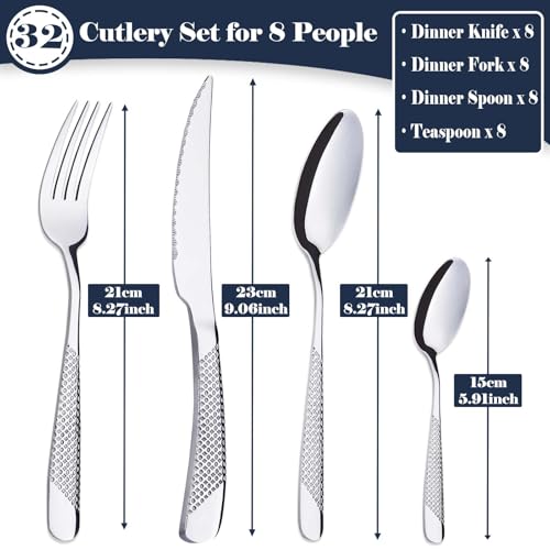 PionStar 32 Pieces Cutlery Set, Stainless Steel Cutlery Set for 8 People, Cutlery Set Include Knives, Forks, Spoons and Teaspoons, Dishwasher Safe/Mirror Polished, Flatware Set for Kitchen - Image 3