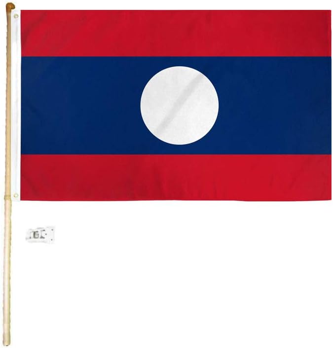 3x5 3'x5' Laos Polyester Flag with 5' (Foot) Flag Pole Kit with Wall Mount Bracket & Screws (Imported)