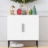 KFO Gabinete de almacenamiento con puertas, gabinete de acento blanco, moderno gabinete independiente, aparador con base de metal para dormitorio, sala de estar, cocina y oficina