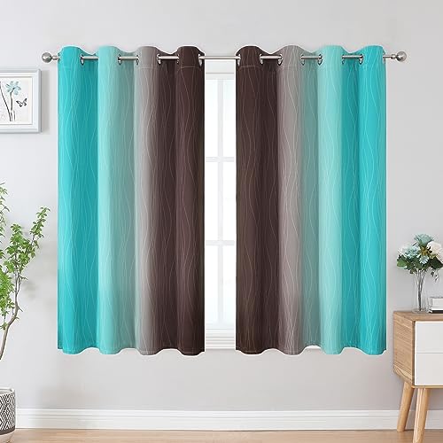 Estelar Textiler Brown and Teal Blackout Curtains 45 Inch Length, Light Blocking Gradient Drapes for Kitchen, Thermal Insulated Grommet Ombre Curtains for Bathroom,52Wx45L,2 Panels