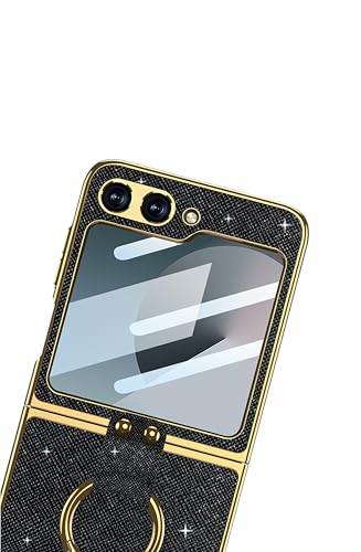 Image of BOUNCEBACK Pu Leather Shiny Bling Electroplated Case /Cover with Ring Holder Cover for Samsung Galaxy Z Flip 6 / Galaxy Flip 7 FE Back Case Cover - (Faux Leather | Shiny Black)