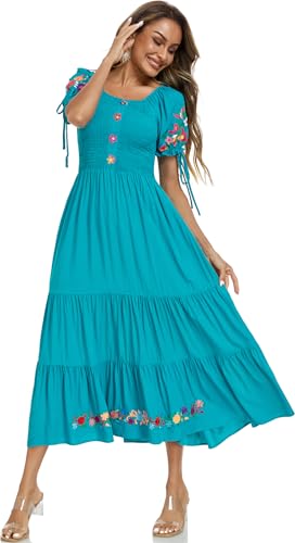 Image of Women's Summer Maxi Dress Casual Floral Embroidered Round Neck Short Sleeve Ruffle Tiered Dress Flowy Boho Beach Sundress