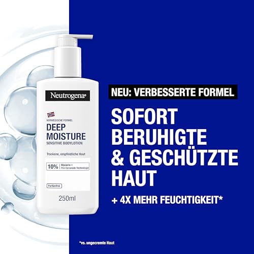 Neutrogena Deep Moisture Bodylotion Sensitive, parfümfreie Körperlotion für empfindliche, trockene Haut, nicht fettende Hautpflege Lotion mit Glycerin & Pro-Ceramide Technologie (250 ml) – Bild 3