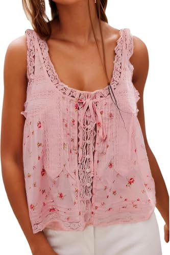 Women Summer Boho Lace Tie Front Tank Beach Vacation Top Button D...