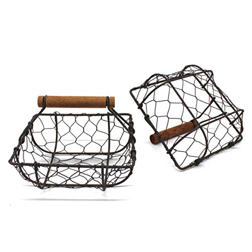 CVHOMEDECO. Chicken Wire Egg Baskets Rust Gathering Baskets with Wooden Handle Country Vintage Style Storage Baskets. Set of 2 (Square) - Image 3