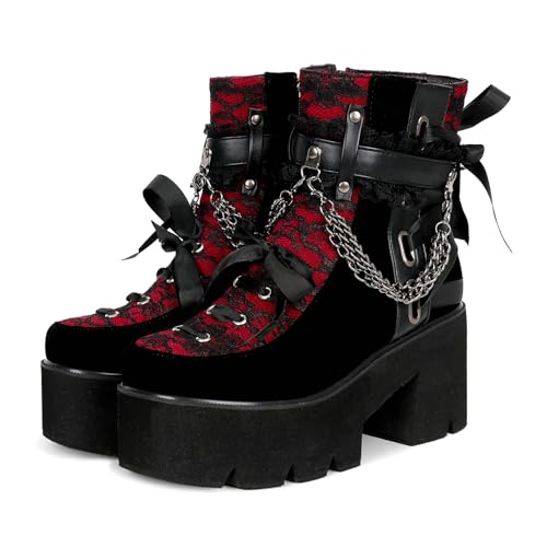 Parisuit Womens Victorian Lace Platform Goth Boots Chunky High Heels Ankle Boots Lace-Up Punk Combat Booties
