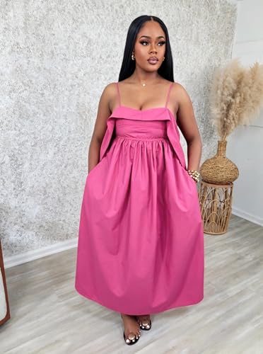 Image of YUEWOO Midi Dresses for Women Casual Summer Sundresses Vacation Outfits Spaghetti Strap Smocked Women Maxi Dress with Pockets