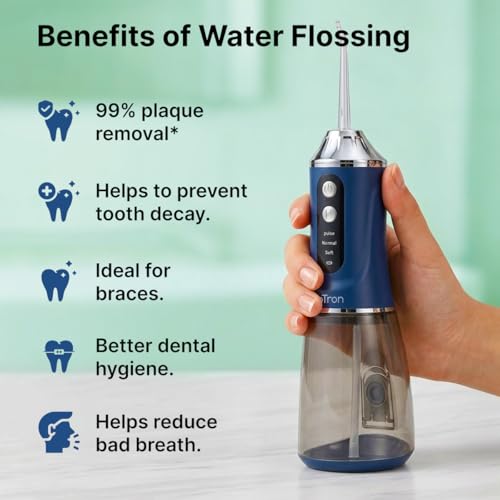 Image of pTron EaseMate Oral Irrigator D2, Portable, Cordless & Rechargeable, 3 Cleaning Modes, 300ml Water Tank, IPX6 Water-resistant, Flossing at Home & Travel, Oral Flosser, Dental Flosser for teeth (Blue)