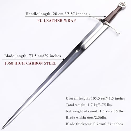 41.5\" Hand-Forged European Sword 1060 High Carbon Steel Sharpened Blade Full Tang|304 Brushed Stainless Steel Fittings|Historical Collectible/Training/Medieval Decor