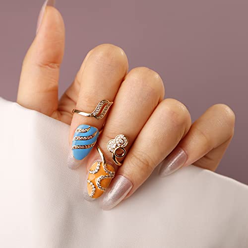 Xerling Gold Finger Nail Rings for Women Dainty Rhinestone Nail Cap Cover Ring Aesthetic for Teen Girls Decorative Fingertip Rings Zircon Crystal Rings (Type A-Blue)