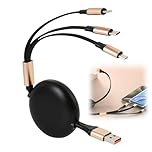 120W Retractable Multi Charger Cable 3 in 1, Fast Charging Cable USB A/C to PD/USB C/Micro B, Cord For Smartphones, Laptops, Tablets, Portable Travel Car Accessories, Tangle Free Black Gold 1.2M
