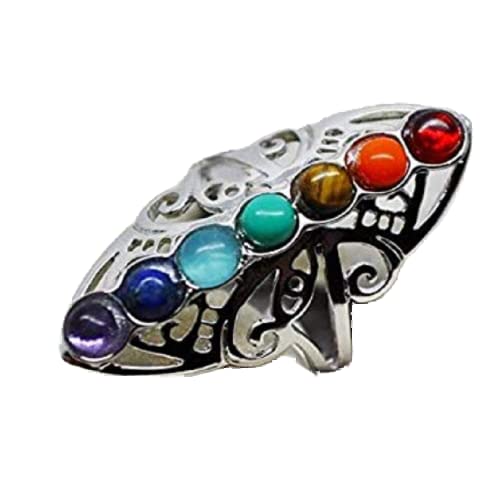 Lzz 925 Sterling Silver Healing Hollow Stone 7 Chakra Ring Aura Gemstone Rainbow Color Chakra Healing Style Female Ring
