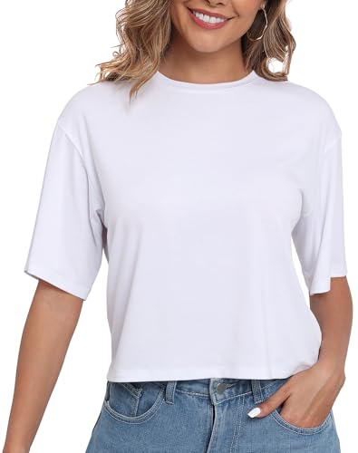 PRIMODA Women's Loose Fit Cropped T Shirts Crew Neck Half Sleeve Crop Tops Tee Shirts