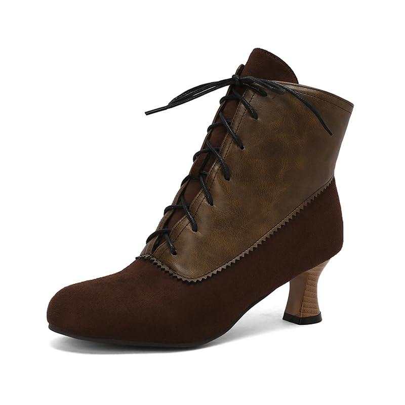 Seborluys Vintage Women Victorian Granny Ankle Boots Renaissance Witch Costume Lace Up Stacked Kitten Heel Booties