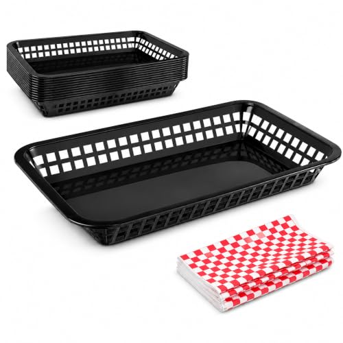 [12 Pcs] Rectangular Black Plastic Food Baskets 11.8" x 8-1/2" x 1-1/2" | Grande Platter Tray Serving Baskets, Best for Fried & Fast Food, Restaurants, Bakery, Wings & Chips