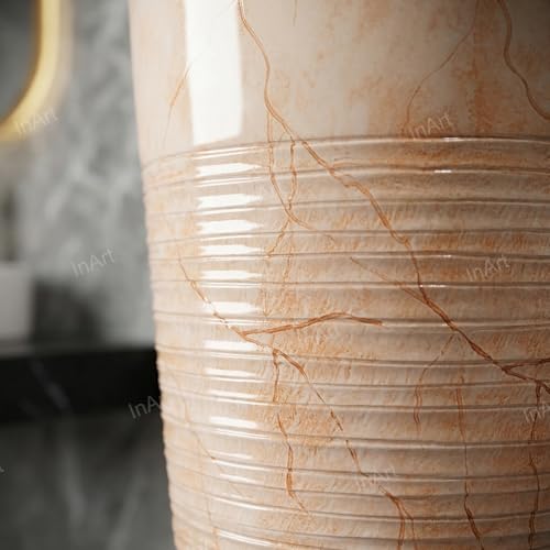 Image of InArt One Piece Ceramic Pedestal Free Standing Round Wash Basin for Living Room and Bathroom (15 x 15 x 33 Inch) (Orange Marble)