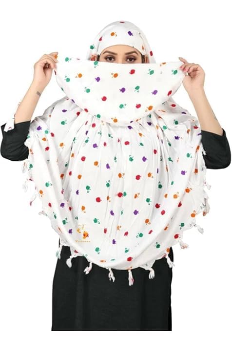 Image of Cotton Long Scarf Cum Mask Scarves Usable for Vehicle Driver | White Printed Design Fabric | Universal Size | Soft & Breathable Sun Protection | For Girl & Women