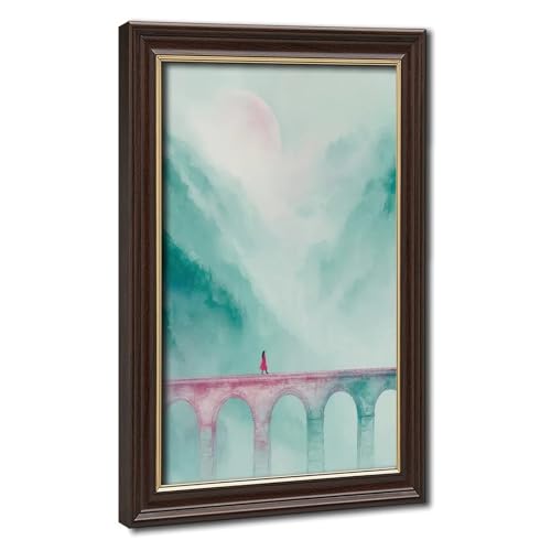 Toile d'art fille sur pont de pierre et lune rose paysage montagne de luxe