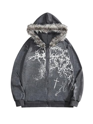 SOLY HUX Mens Y2k Grunge Zip Up Hoodie Sweatshirts Gothic Fur Hooded Jacket Streetwear Grey Graphic Large