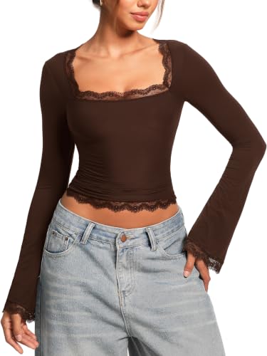 Image of OZICERD Women Bell Long Sleeve Shirts Cute Going Out Top Lace Trim Square Neck Double Lined Fitted Basic Tops Y2k Tight Slim