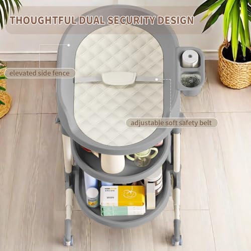 Image of Diaper Changing Station, Portable Changing Table for Baby, Diaper Changing Table with Storage Drawers, Waterproof Baby Changing Station with Wheels and Adjustable Height for Newborn Infant (Grey)