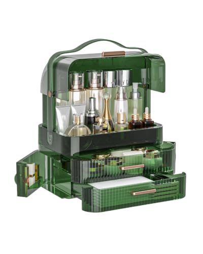 Image of LINFIDITE Cosmetics Storage Box Transparent Lid Large Makeup Organizer Box Drawers Portable Handle Waterproof Dustproof Skincare Display Cases for Countertop, Bathroom, Dresser,Gift Clear Green