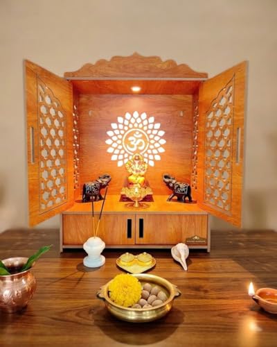 Image of AKSHI Wooden Home Temple with Decorative Lattice Doors, Handcrafted Wooden Pooja Temple | Elegant Home Mandir with Storage Space (H- 21 L- 16, W-13.5 Inch)