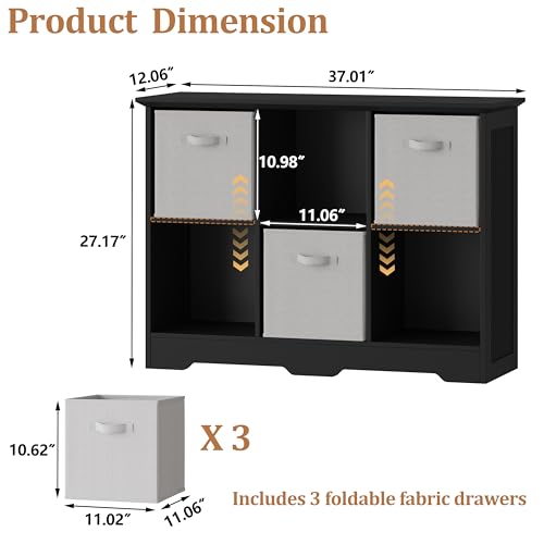 Image of 6 Cube Storage Organizer Shelf, Wood Cubby Storage with 3 Fabric Drawers, 2 Tier Wooden Bookshelf with 2 Adjustable Shelves & Fluted Side Panels for Bedroom, Living Room, Home Office, Black