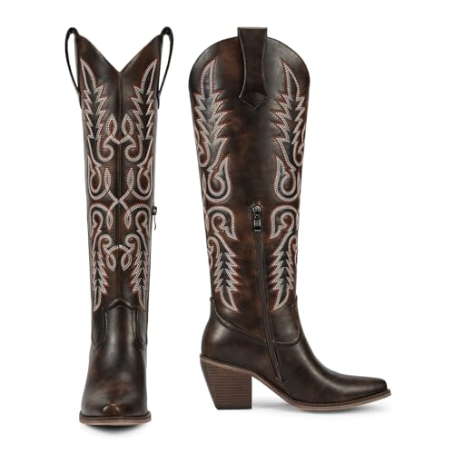 Image of wetkiss Women's Pointed Toe Cowboy Boots | Knee High Cowgirl Boots, Retro Embroidery, Chunky Heel, Pull-On, Style for a Classic Western Look,Stable and Comfortable