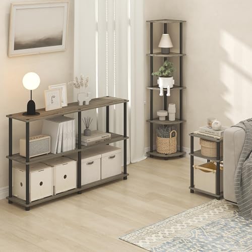 Image of Furinno Turn-N-Tube Side Table, 3-Tier End Table with Open Shelf, Toolless Assembly Night Stand, Bedside Table, for Living Room, Bedroom, Grey Oak